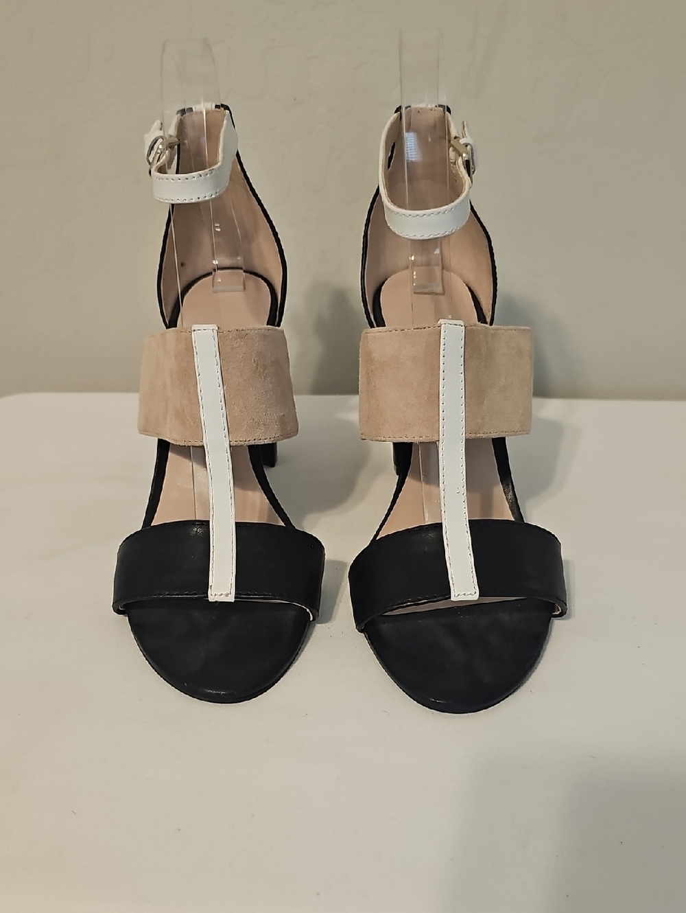 Nine West Women’s Black, Beige & White Strappy Block Heel Sandals